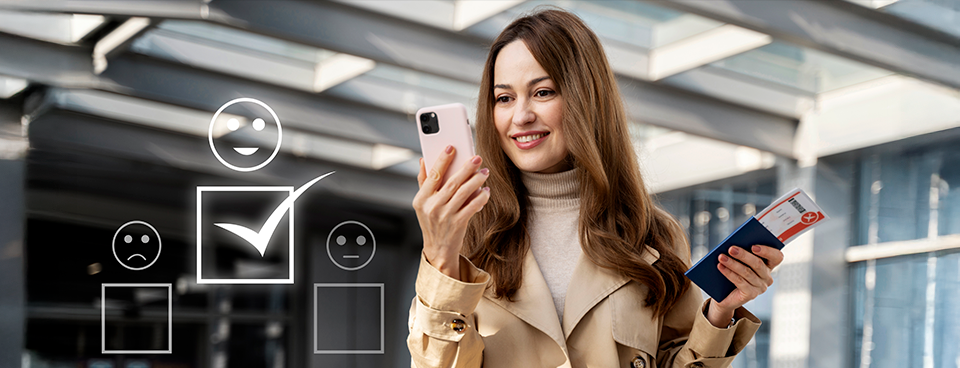 Hóspede satisfeita analisando amenities de qualidade em um hotel.