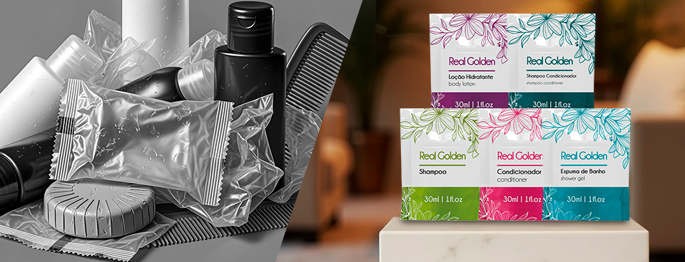 Comparativo visual entre o desperdício de amenities convencionais e as soluções de amenities sustentáveis para hotéis. 